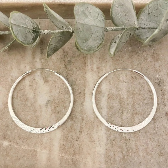 925 Sterling Silver Hoop Earrings Diamond Cut Textured Hoop Earrings - Picture 1 of 5